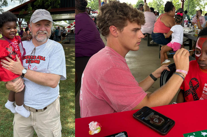 Array of images - on left, Dr. Vlad Radulescu with a patient. On right, a patient gets his face painted