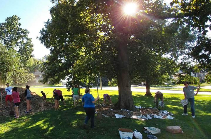 Participants with yard tools on patch of grass