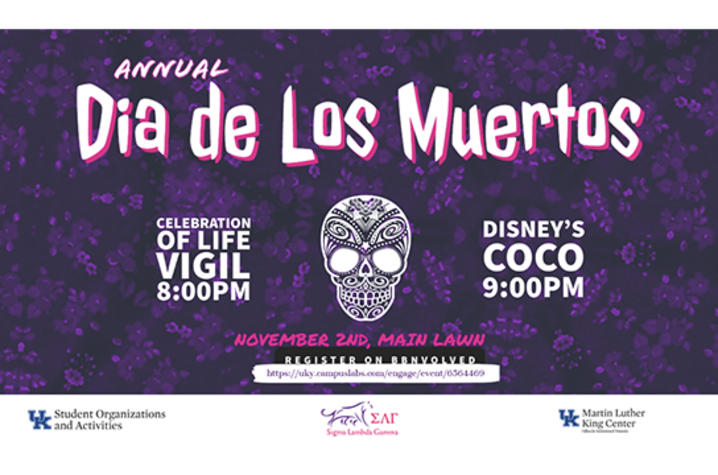 graphic that says Annual Dia de los Muertos, Celebration of Life Vigil at 8 p.m.  Disney's "Coco" movie at 9 p.m.