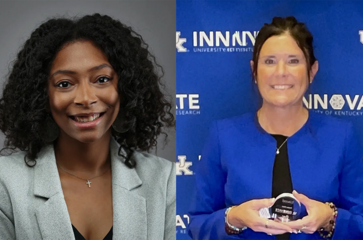 Two side-by-side portrait photos. The image on the left shows a person in a light gray blazer against a neutral background. The image on the right shows a person standing in front of a blue branded backdrop, holding a glass award.