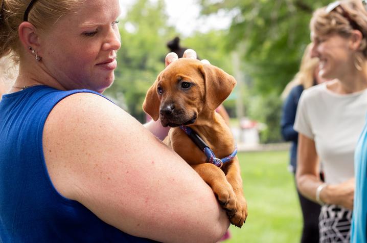 photo of woman holding a dog