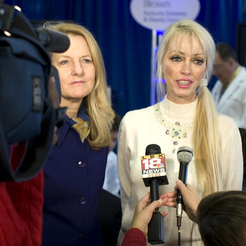 Accompanied by her sister Barbara Edelman (left), Tricia Barnstable-Brown speaks with reporters at the 2008 dedication of the UK Barnstable Brown Diabetes Center. Photo by Tim Webb.