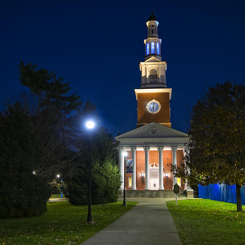 photo of Memorial Hall with blue light