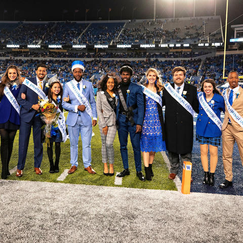 Photo of the 2018 UK Homecoming court on Kroger Field including Tiana Thé, Homecoming queen, and Juwan Page, Homecoming king. 