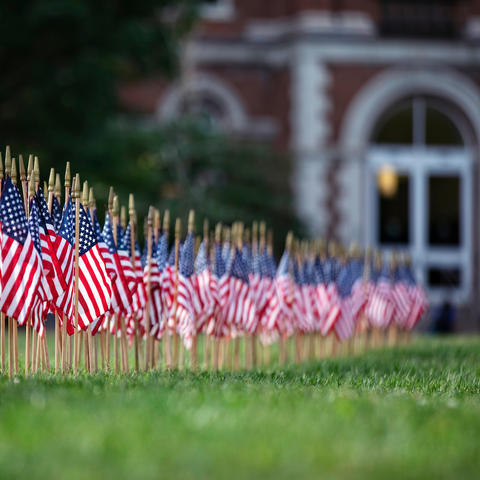 photo of 9/11 memorial flags in front of UK Main Building