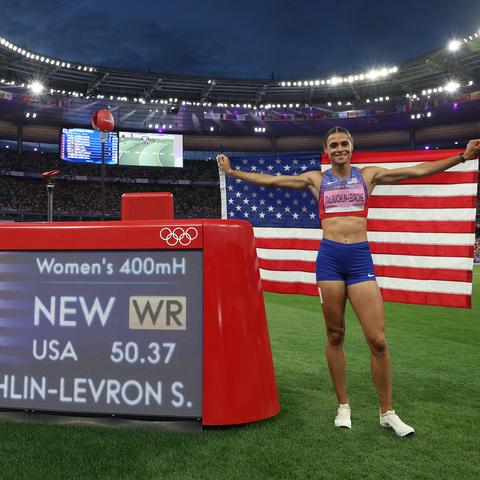 Sydney McLaughlin-Levrone repeated as 400-meter hurdles gold medalist in world-record time in Paris. Photo by Getty Images.