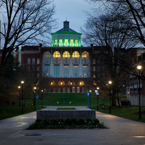 photo of W.T. Young Library lit in green