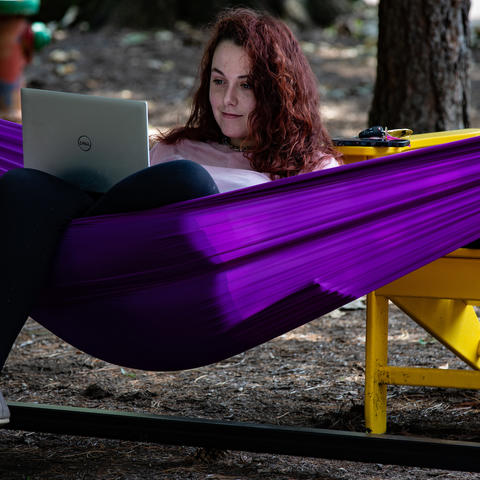 photo of student sitting in purple hammock, looking at laptop.