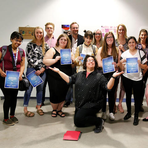 photo of award winners with faculty and artist Jessica Burke at 2019 Foundations show