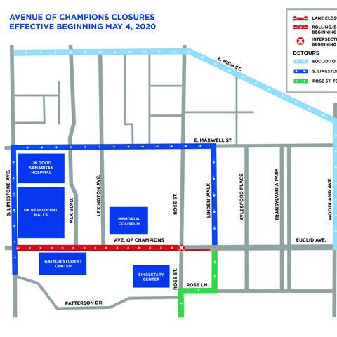 a map of road closures in the Avenue of Champions and Rose Street area.