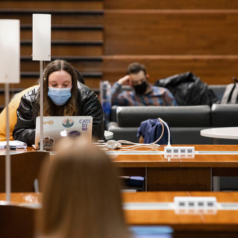photo of masked student studying in atrium of Gatton College