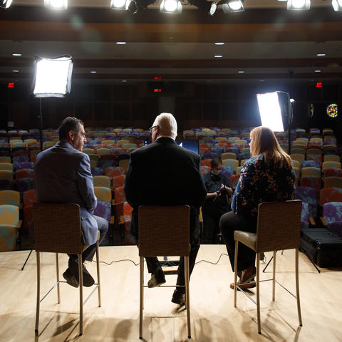 Dr. Peter Sawaya, nephrology, Dr. Greg Jicha of Sanders-Brown, and Allison Gibson, College of Social Work, on the set of some brain health training videos they will be producing on April 23, 2021. Photo by Mark Cornelison | UKphoto