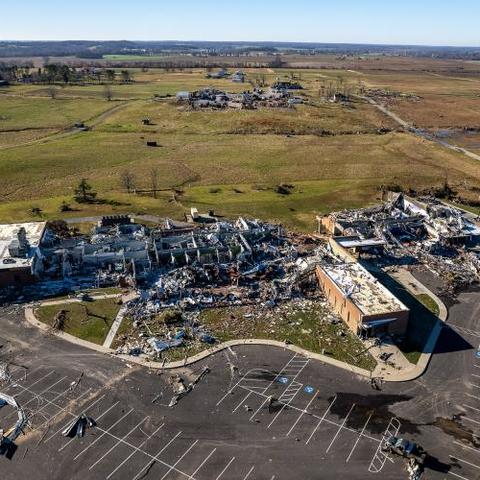 Aerial view of the UK Research and Education Center after it took a direct hit from a weekend tornado