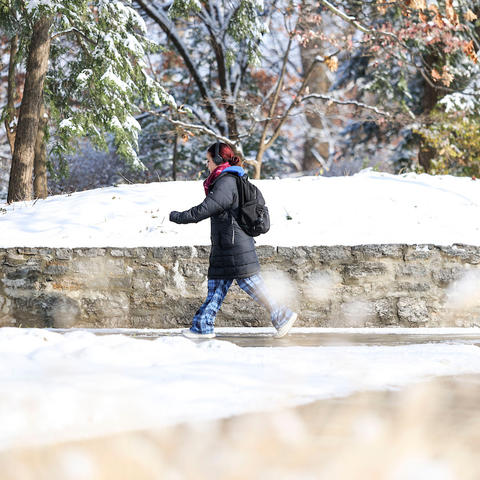 a photo of a student bundled up in a jacket and gloves, walking in the snow on campus. 