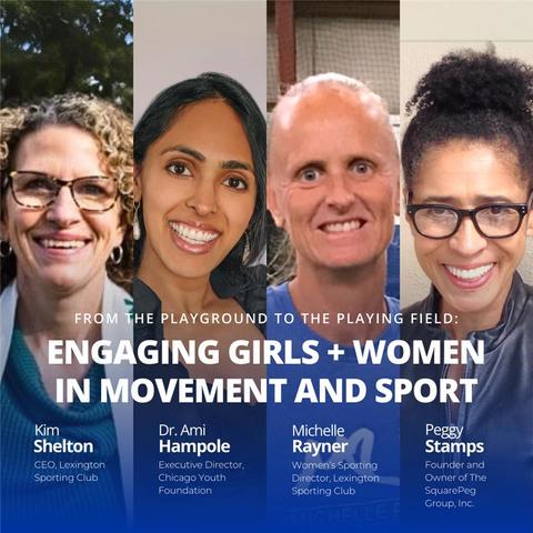 Graphic of the four panelists for “From the playground to the playing field: Engaging girls and women in movement and sport” panel