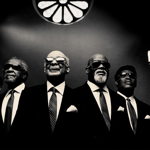 black and white photo of the 5 members of Blind Boys of Alabama