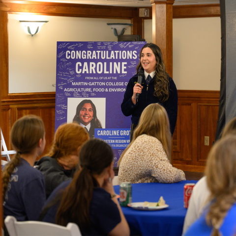Caroline Groth speaks at her send-off party