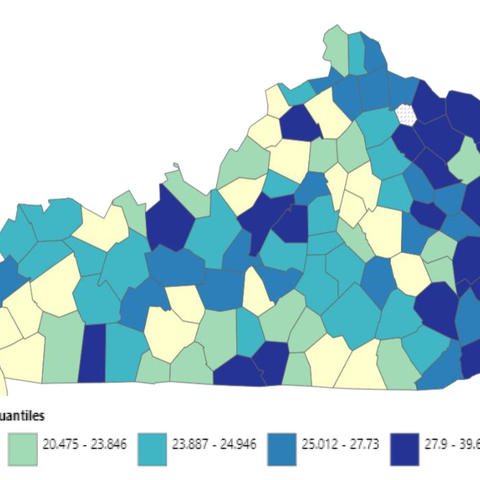 A map of Kentucky showing colorectal cancer mortality rates.