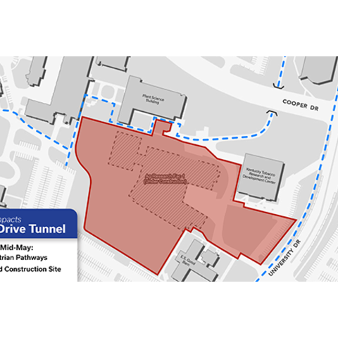 Map showing pedestrian impacts around Cooper Drive Tunnel, highlighting a red construction area and blue dashed pedestrian pathways from early April to mid May.