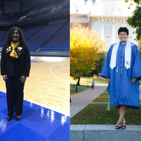 On left side, person wearing a black suit and a gold scarf stands on a basketball court inside an empty arena. On right side, Person wearing a blue graduation gown stands outdoors on campus, smiling, with trees and a university building in background.