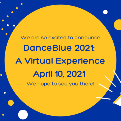 DanceBlue virtual flyer with blue, yellow and white lettering and shapes