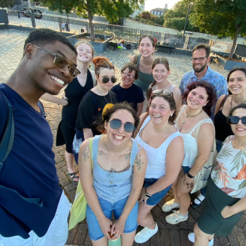 Students and faculty from the College of Design and Department of Landscape Architecture pose for a group photo beside the Mississippi River in New Orleans. Photo provided.