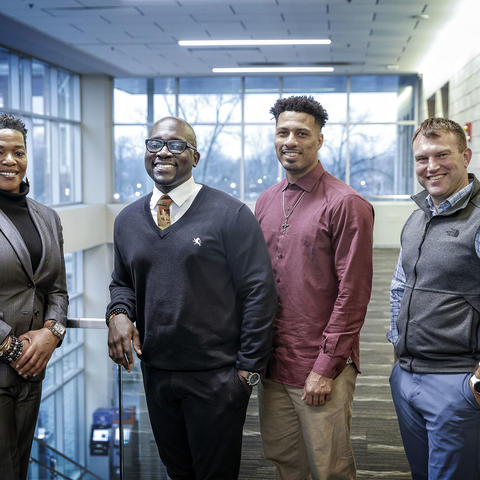 Future of Sport Institute faculty (left to right): Marta Mack, Ph.D., Kwame Agyemang, Ph.D., Rasheed Flowers, Ph.D., and Justin Nichols, Ed.D. Photo by Mark Cornelison| UK Photo 