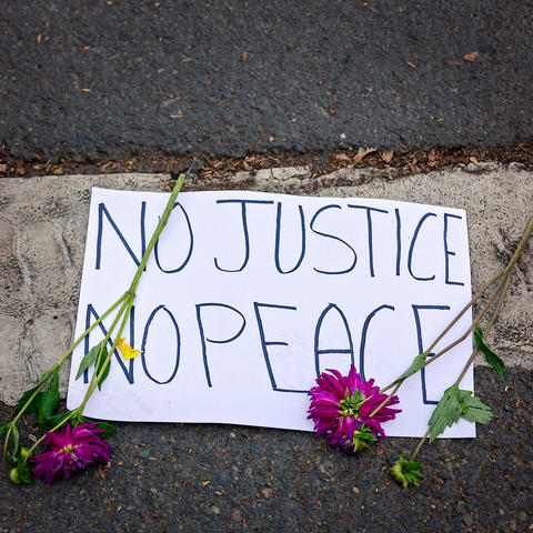 photo of protest sign "No Justice No Peace"