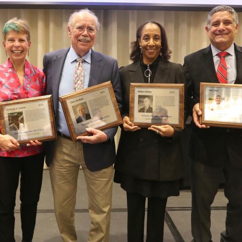 2023 Kentucky Journalism Hall of Fame inductees (left to right):  Mindy Fetterman representing the late John Fetterman, Kim Greene, David Kindred,  Nora Cole representing the late William Warley, and Sam Dick. 