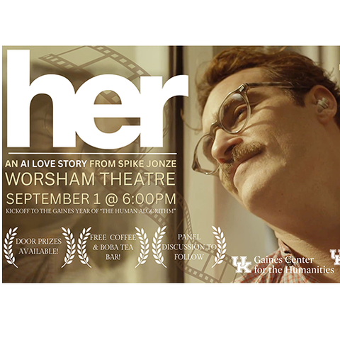Promotional graphic for a screening of Her at the Worsham Theatre on Sept. 1, featuring a still image from the film and event details.