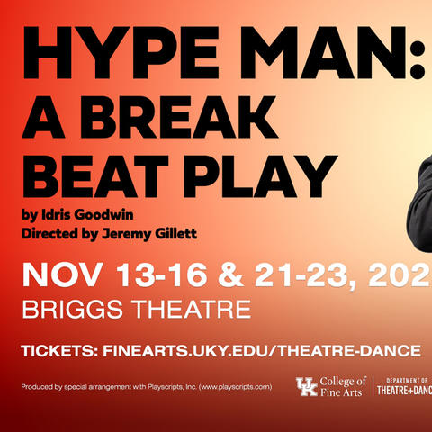 Promotional image for “Hype Man: A Break Beat Play,” showing a performer with a microphone and listing show dates Nov. 13-16 and 21-23, 2025, at the Briggs Theatre.