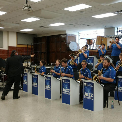 photo of Miles Osland leading UK Jazz Ensemble rehearsal 2019