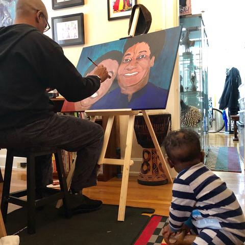 Photo of Frank X Walker painting in his Lexington home.