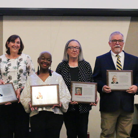 From left, Sheldon Shafer (represented by two of his former coworkers), Betty Winston Bayé, Deborah Taylor Givens, Paul Prather and Peter Baniak. Not pictured: Elizabeth “Scoobie” Ryan and Kyle Vance.