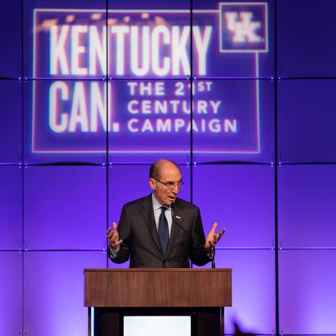 Photo of UK President Eli Capilouto at kickoff of Kentucky Can campaign in Louisville