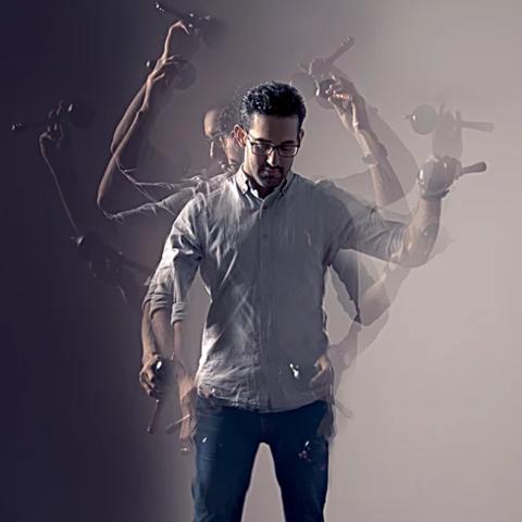 multiple photos of Manuel Alejandro Rangel playing maracas imposed on each other 