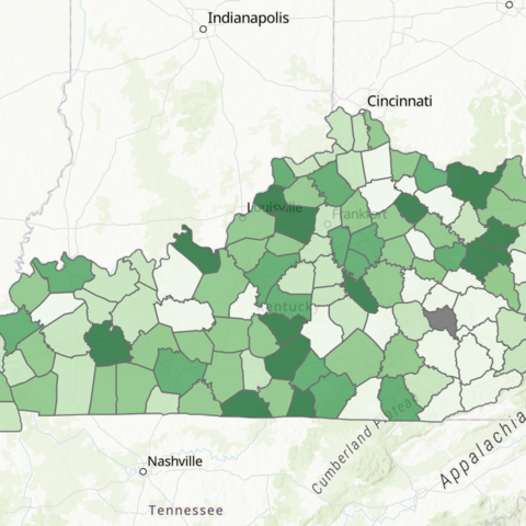 Map of Kentucky counties shaded in varying shades of green, with several counties shown in gray or white.