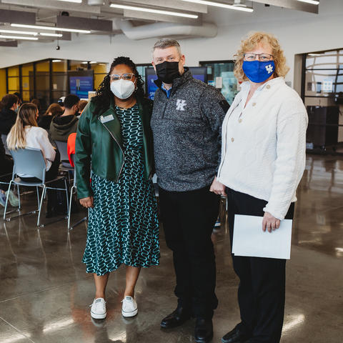Mike Purcell (center) with Mariama Lockington (left), who helped facilitate Purcell’s talk, and Jody Clasey (right), an exercise physiology professor in the Department of Kinesiology and Health Promotion.