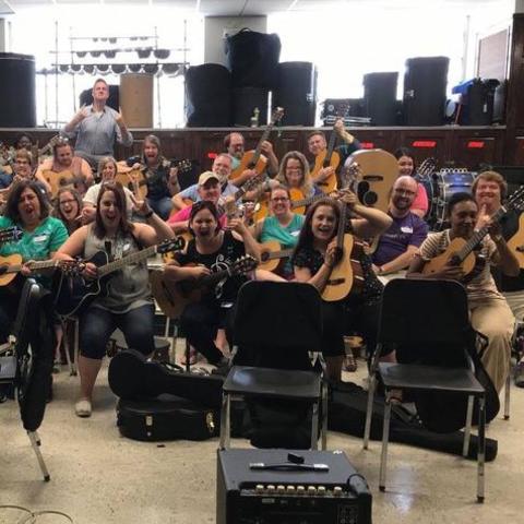 photo of Modern Band participants in 2018 in the Band Room at Fine Arts Building