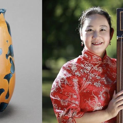 Sculptural art by Li Hongwei featured in "Brilliant Illusions: Crafted Forms by Li Hongwei" exhibit and musician Shin-Yi Yang with guqin