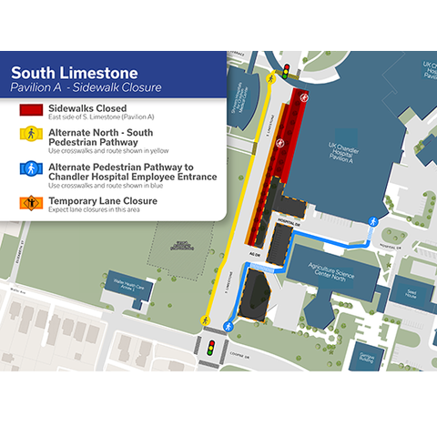 Map of the South Limestone Pavilion and Sidewalk Closure, showing closed sidewalk areas, pedestrian pathways and alternate pedestrian routes.