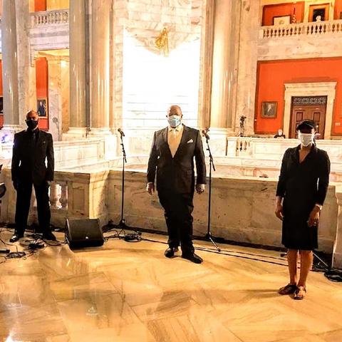 photo of masked Tedrin Blair Lindsay, Whit Whitaker, Everett McCorvey and Dione Johnson Napier in Capitol for Phyllis George Memorial