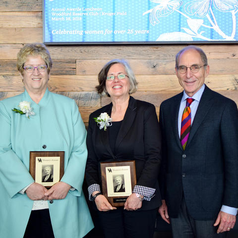 photo of 2018 Sarah Bennett Holmes Award winners Debra Moser and Lisa Collins with UK President Eli Capilouto
