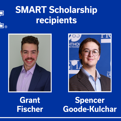 Graphic with University of Kentucky branding shows two headshots labeled “SMART Scholarship recipients”: Grant Fischer and Spencer Goode-Kulchar. Both are pictured in formal attire against blue backgrounds with their names displayed beneath each photo.