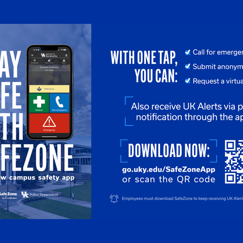 SafeZone graphic that says "Stay safe with SafeZone, UK's new campus safety app"