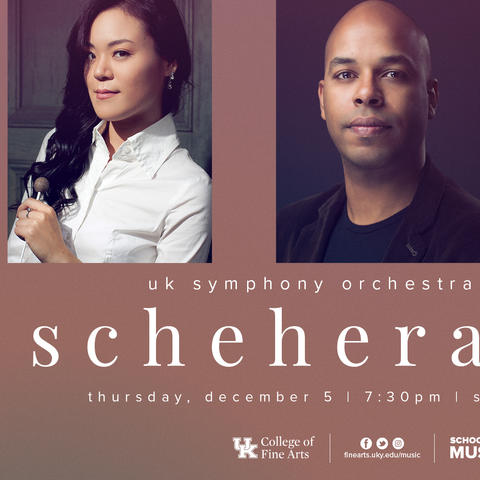 photo of web banner for UK Symphony Orchestra's "Scheherazade" concert with headshots of Sey Ahn, João Rocha and Ella Chang