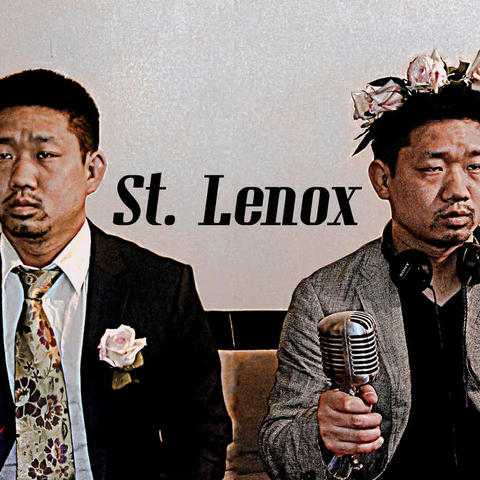 photo of St. Lenox dressed in suit with flower in lapel and again in more casual attire with mike in hand and wreath of flowers on head