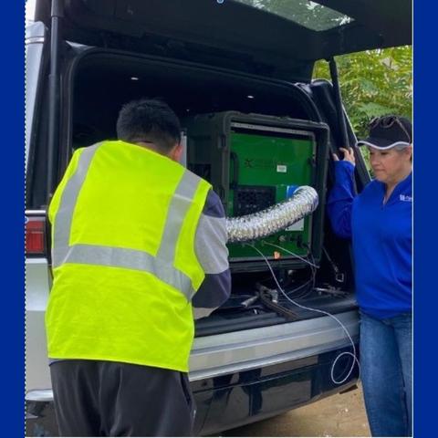 UK Civil Engineering graduate student Herman Tay, left, and Kelly Pennell, Ph.D., at a field site with AROMA-VOC in 2024. Photo by Pennell research group.