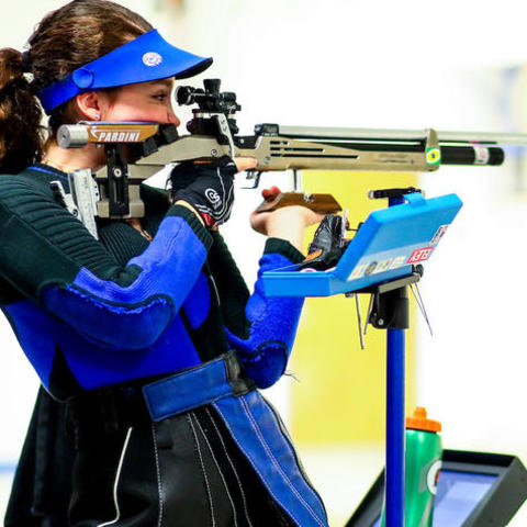 photo of Mary Tucker competing for UK Rifle agains Murray and Morehead