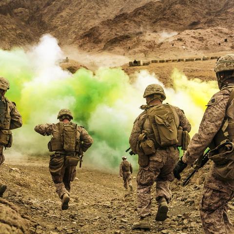U.S. Marines run to firing positions during live-fire training in Jordan as part of Eager Lion. Photo By Staff Sgt. Dengrier Baez